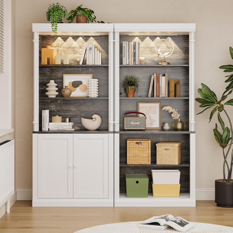5 Tier Adjustable Bookcase with LED Lights, Roman Column Bookshelf, Open Shelves & Dual-Door Storage Cabinet