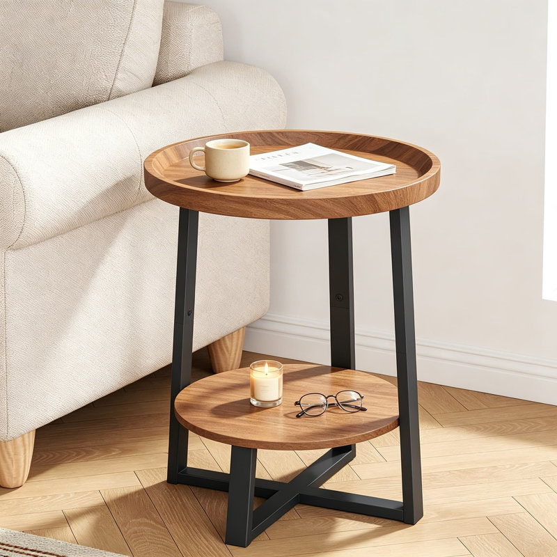 Table d'appoint ronde industrielle avec finition en bois de cerisier, table de bout moderne pour salon, chambre à coucher, table de chevet avec structure en métal robuste et rebord surélevé