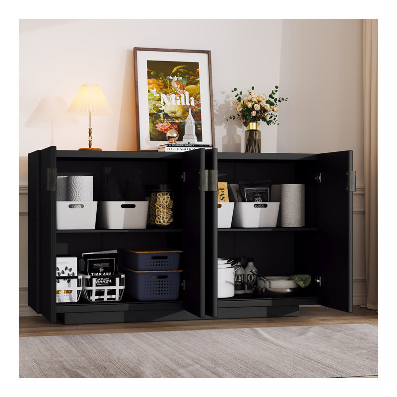 Buffet avec rangement, buffet avec amplement d'espace de rangement, crédence à 4 portes cannelées avec tablettes réglables pour la salle à manger et le salon (NOIR)