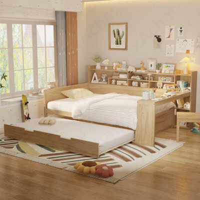 Lit de jour double en bois avec tablettes de rangement, lit multifonctionnel avec lit gigogne simple et bureau d'étude, naturel