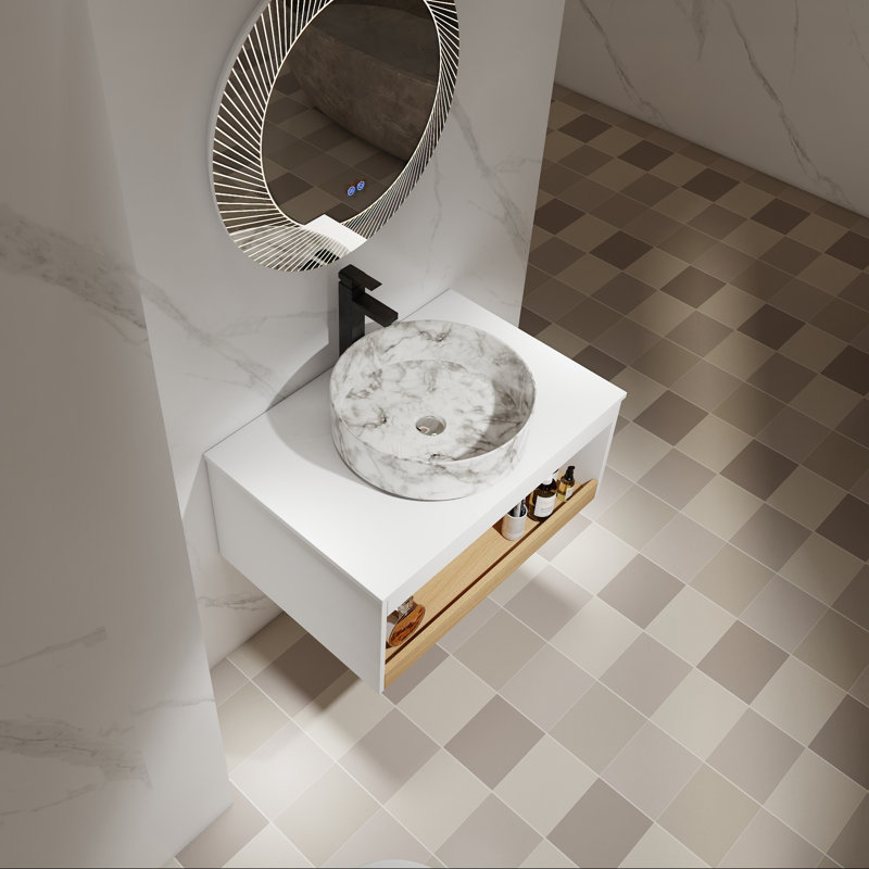 Meuble-lavabo mural de 30 po, lavabo vasque rond, rangement à tablette ouverte, Marbre blanc