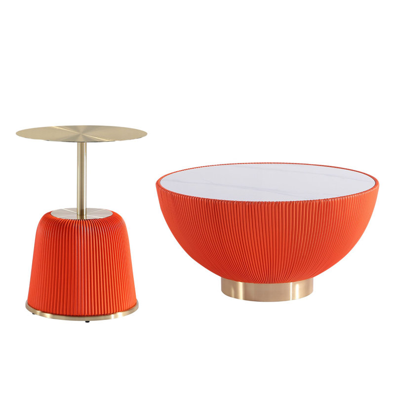Ensemble de table de salon moderne 2 pièces Anderson avec base en acier inoxydable recouverte de cuir végétalien orange