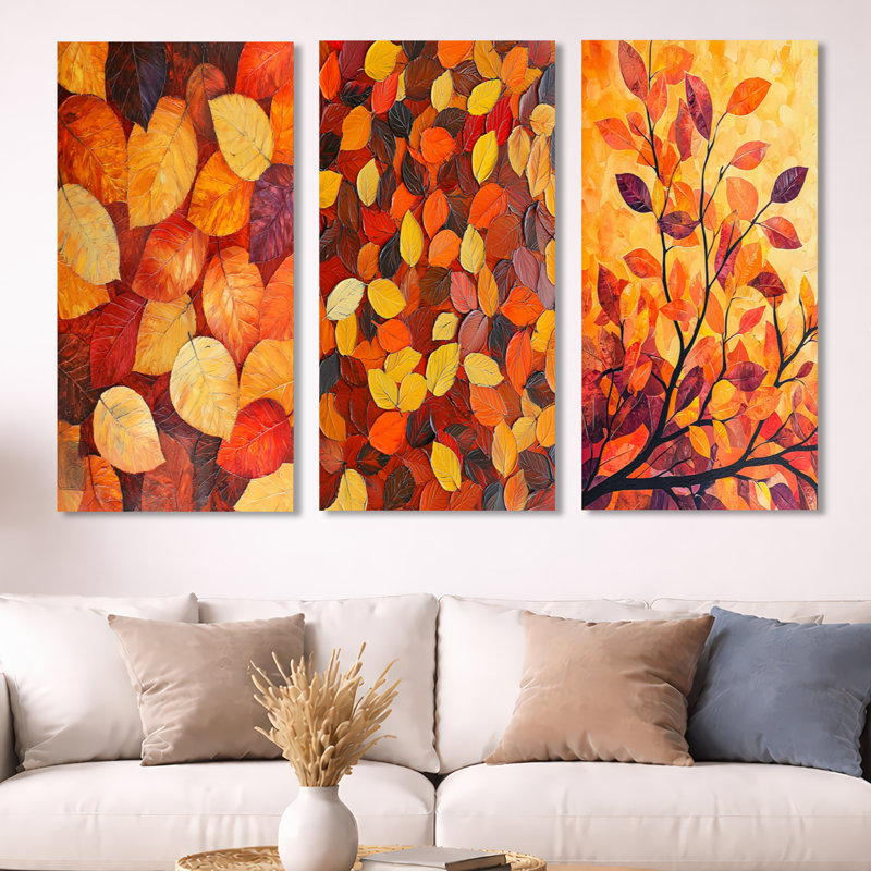 Feuilles d'automne au Canada - Décoration murale encadrée 3 feuilles orange, H 40 po x l 60 po, Toile tendue