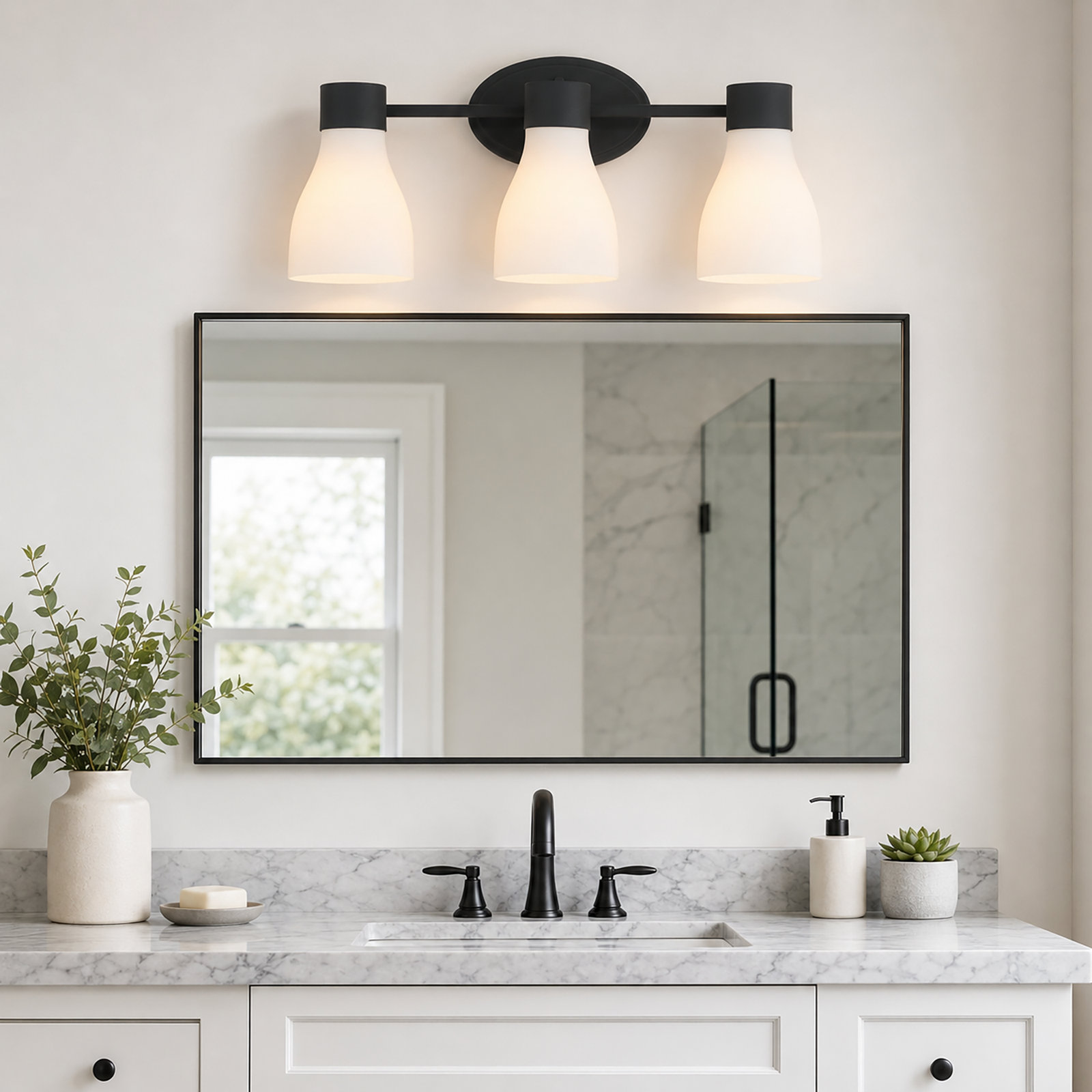 Jessa Opal Glass Dimmable Vanity Light, Matte Black, 3