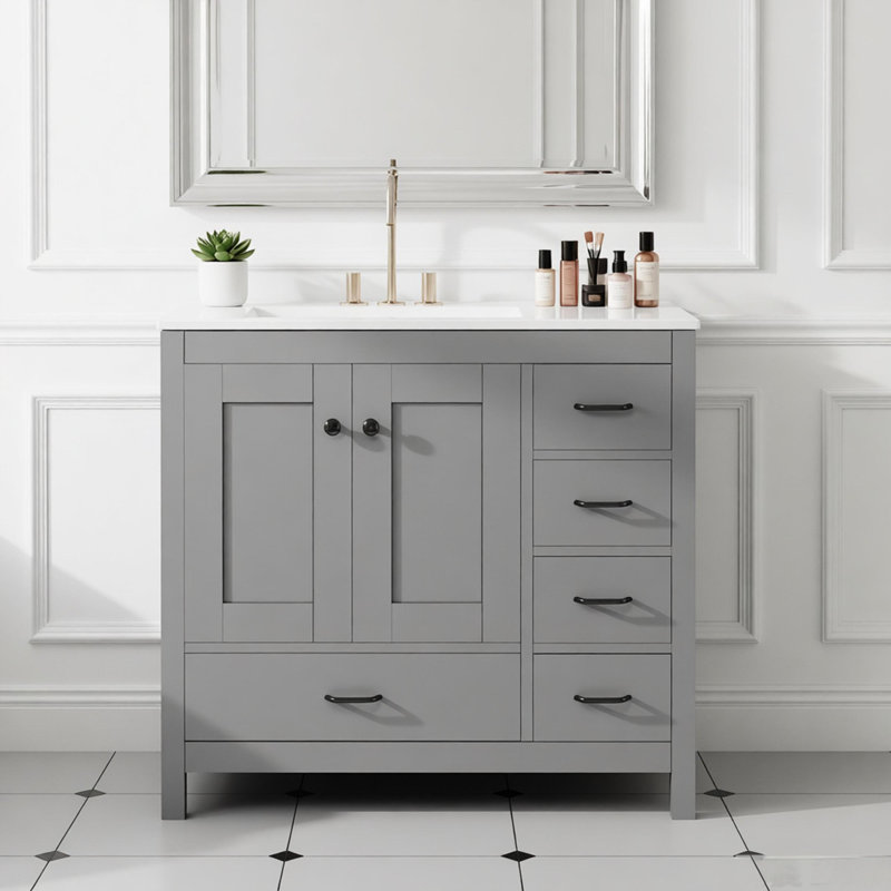 Ensemble de meuble-lavabo 36 po avec lavabo en céramique 36 po, 2 portes à fermeture douce et 5 tiroirs, Gris