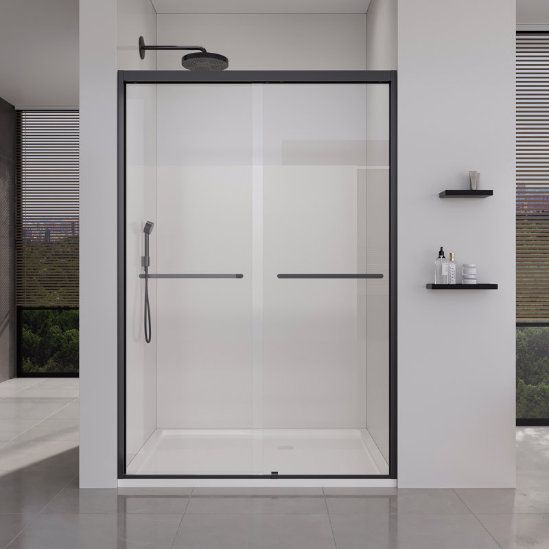 Frame Double Sliding Soft-Close Shower Doors, Bathroom Sliding Shower Door,  (6Mm) Thick Tempered Glass Door, Matte Black