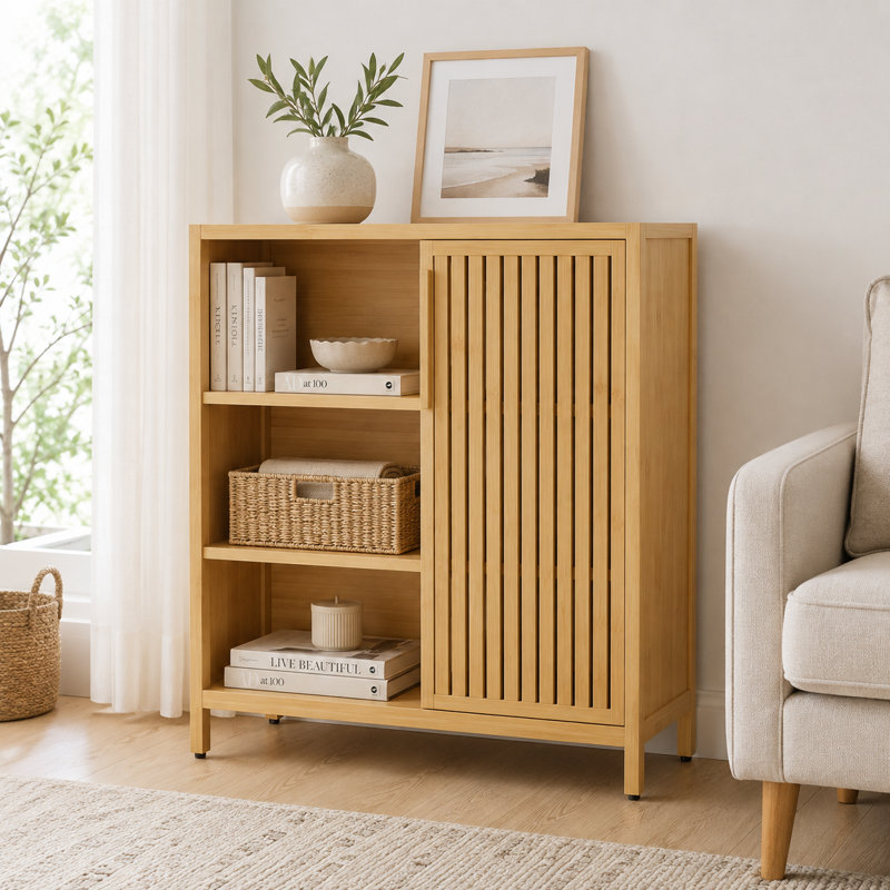 Armoire de rangement en bambou 31,02 "avec tablettes et porte à lattes