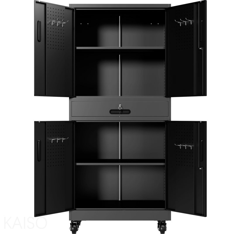 Metal Storage Cabinet With Drawer, 71" Garage Cabinet With Locking Doors And 2 Adjustable Shelves, Heavy Duty Tool Cabinet With Pegboard, 8 Hooks & Rolling Wheels For Home Office Utility