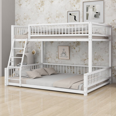 Modern Floor Bunk Bed, Sturdy Frame with Built in Ladder and Safety Guardrails
