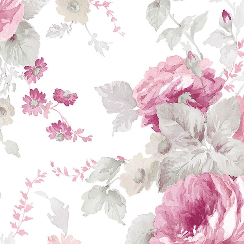 Rouleau de papier peint floral et botanique L 33 pi x l 21 po Larosa, Blanc / Rose