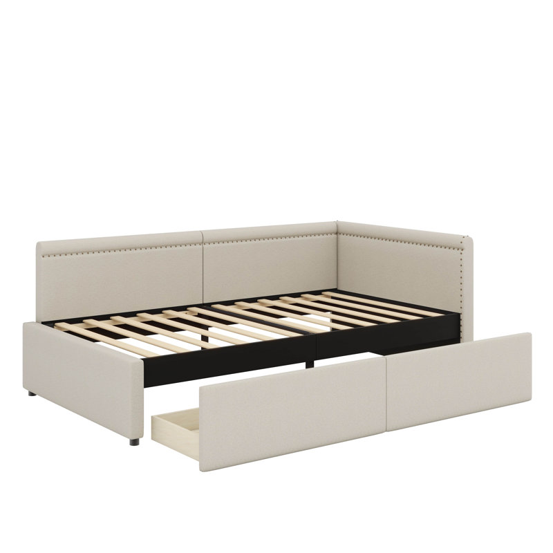 Lit de jour simple d'angle en L revêtu de lin et équipé de deux tiroirs de rangement, Beige