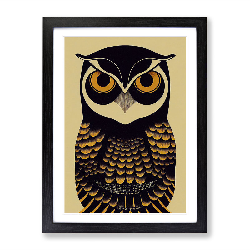 Antique Owl Art No.3 - Single Picture Frame Print, Black Framed, 64cm H x 46cm W x 2cm D