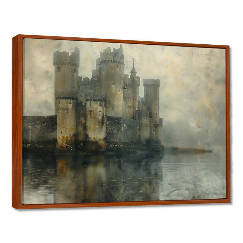 Impression d'art mural gris et beige, château d'hiver médiéval, Toile avec cadre flottant brun, H 12 po x l 20 po x P 1 po
