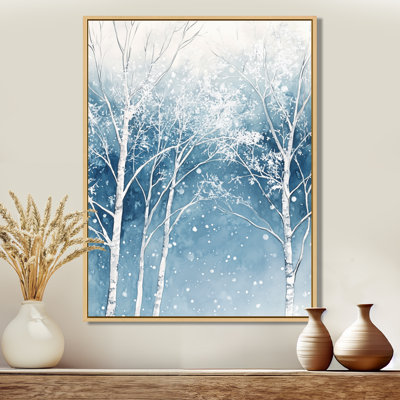 Art mural forêt d'hiver, forêt d'hiver glacée en blanc et bleu, toile d'arbres enneigés