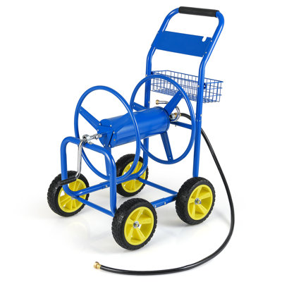 Rust Proof Heavy Duty Metal Garden Hose Reel Cart With 4 Wheels And Extra Storage Basket For Backyard Patio Lawn Watering Gardening Use