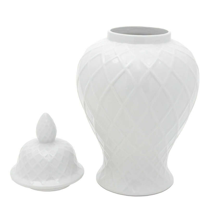19.5" Diamond Pattern Antique White Temple Jar, White