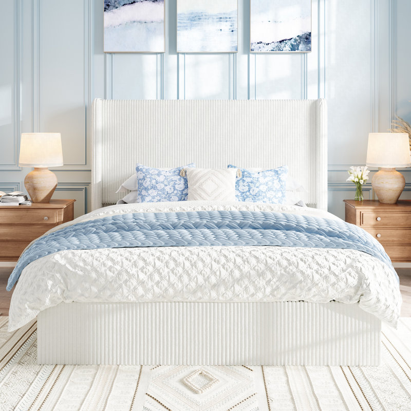 Hydraulic Lift Up Storage Platform Bed, Upholstered In Corduroy,No Spring Box Needed, Full, White