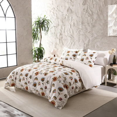 MeadowPark Embroidered Floral Cotton Duvet Cover Set, Slub Textured 3 Piece Set, OEKO-TEX Certified