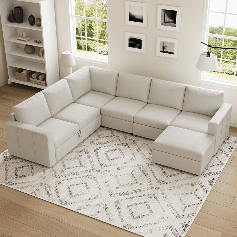U Shaped Sofa Set Large Pullout Sofa Bed Modular Sectional Couch With Storage Ottoman, Beige Chenille