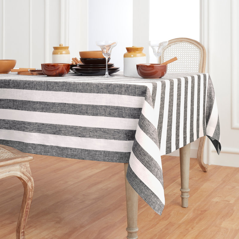 Cabana Stripe - 100% Pure Linen Tablecloth, 108" x 60", Black/White