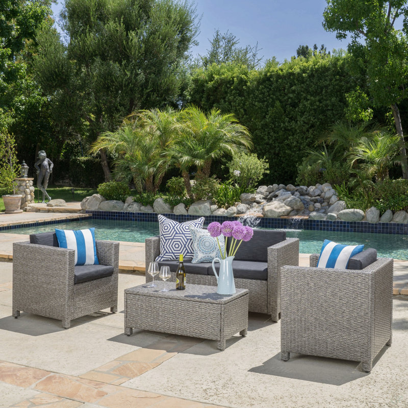 Ensemble 4 pièces PUERTA pour patio, terrasse et cour arrière, Coussin noir / structure grise