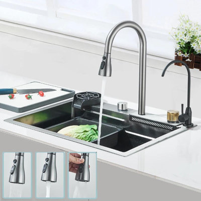 Matte Gray LED Stainless Steel Luxur Kitchen Sink Set Single Large Bowl Pull Out Mixer Taps
