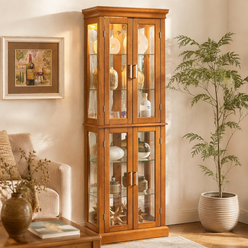 Curio Cabineted Curio Diapaly Cabinet With Adjustable Shelves And Mirrored Back Panel, Tempered Glass Doors (, 6 Tier), (E26 Bulb Not Included)
