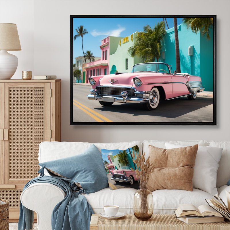 «Miami Miami Cadillac II», art mural sur toile Miami, H 24 po x l 32 po x P 1 po, Cadre flottant noir