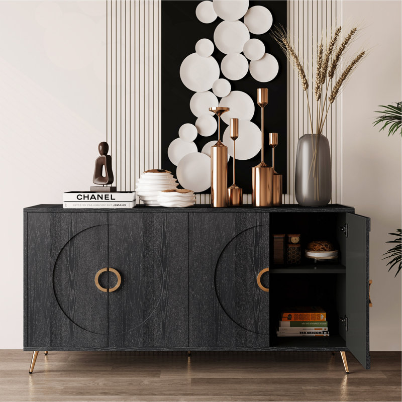 Buffet moderne à 4 portes en bois laqué avec buffet, Noir patiné