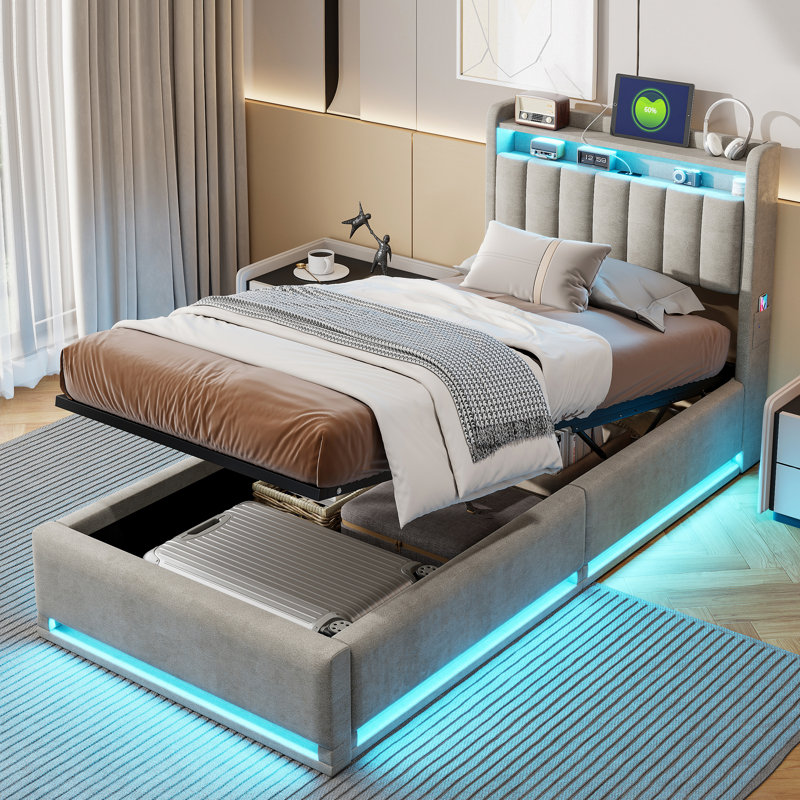 Blawnox Ottoman Storage Bed Frame with LED Headboard, Velvet Upholstered Lift Up Bed with Headboard Storage Shelves, Grey