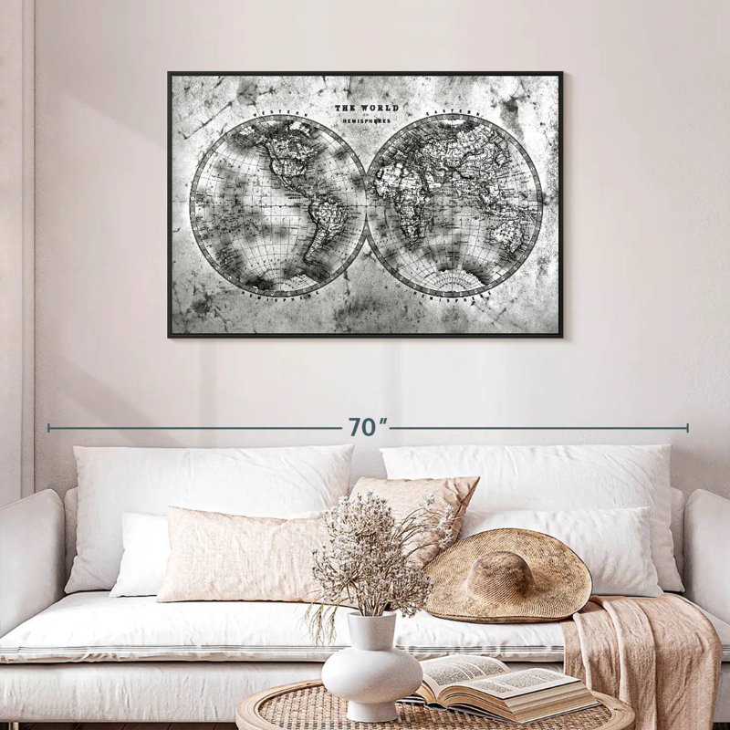 Hemispheres Contrast World Hatch, Floating Frame Black, 43" X 29"