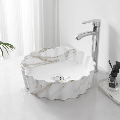 Atelier 15 in. Round Contemporary Scalloped Ceramic Bathroom Vessel Sink, White Marble Effect Glossy Fluted Above Counter Vanity Basin