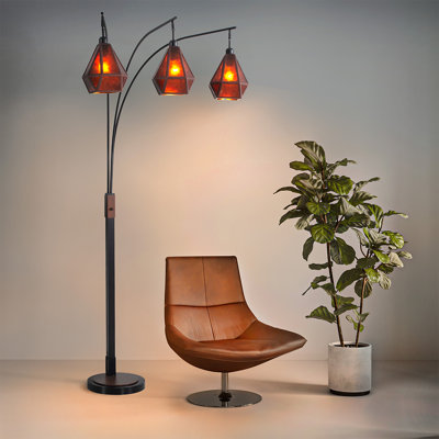 Lampe sur pied à arc 3 lumières, lampe de salon de style Mid-Century moderne de 86 po avec abat-jour en mica naturel, finition bronze espresso et gradateur