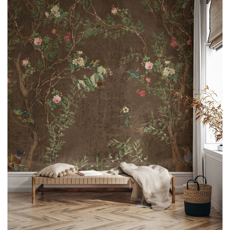 Papier peint rétro avec vignes roses et roses, L 75 po x l 112 po