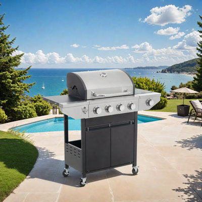 4+1 Burner Propane Gas Grill with Side Burner, Stainless Steel BBQ Grill 46,500 BTU,  Black and Silver