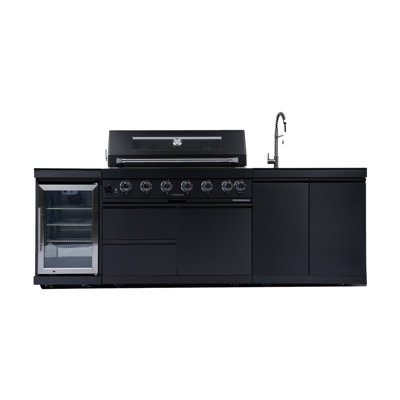 Station de barbecue 82 pouces en acier inoxydable 304 de 85 pouces avec réfrigérateur 68L, évier, comptoir en granit et tiroirs de rangement pour 7 à 10 personnes