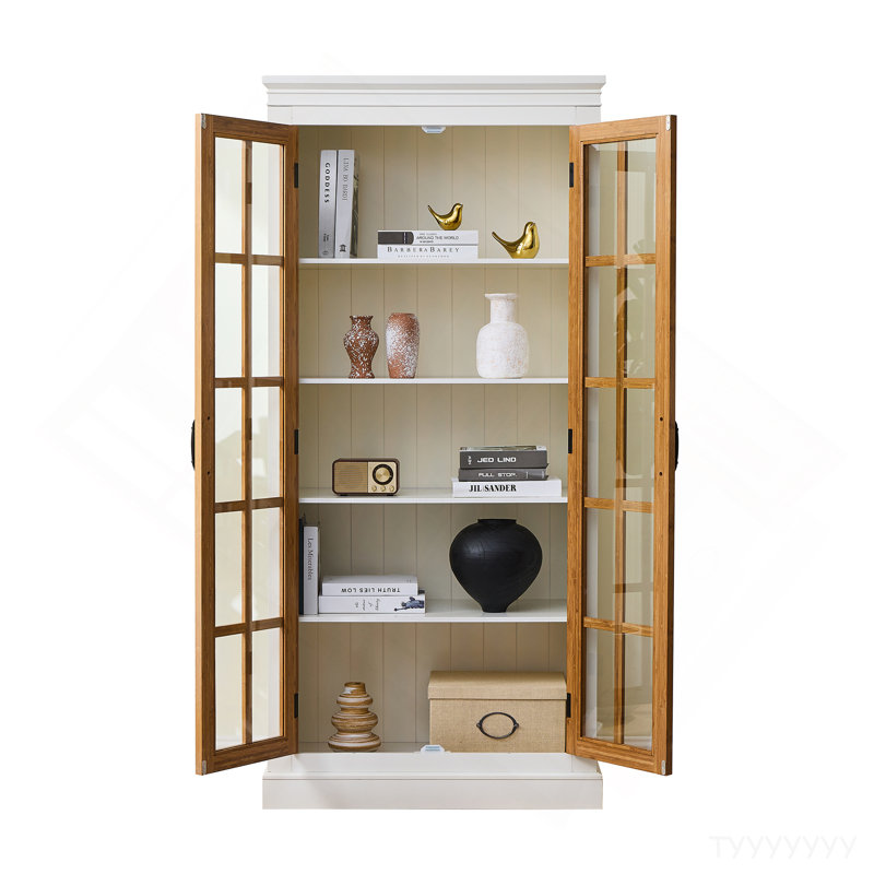 71.2'' Freestanding Glass Door Pantry, Farmhouse Style Display Cabinets, Curio Cabinet With Lattice Window For Hallways, Livingroom Kitchen & Office, White & Brown