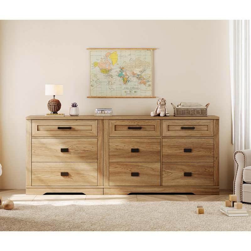 Laziza Modern Farmhouse Wooden Dresser Combo With 9 Drawers For Kids, Vintage Oak