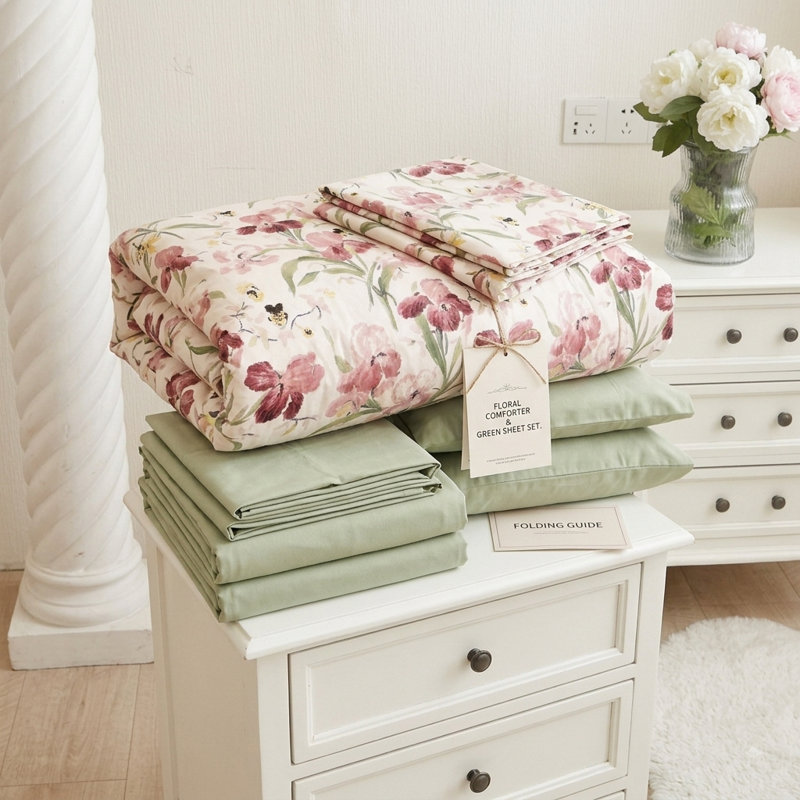 Ensemble de couette 7 pièces en coton naturel Blooming Glowed Floral, format Queen, Queen Comforter + 6 Additional Pieces