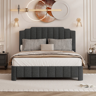 Queen Size Boucle Upholstered Platform Bed Frame with Height-Adjustable Headboard, Noise-Free Storage Design, No Box Spring Needed