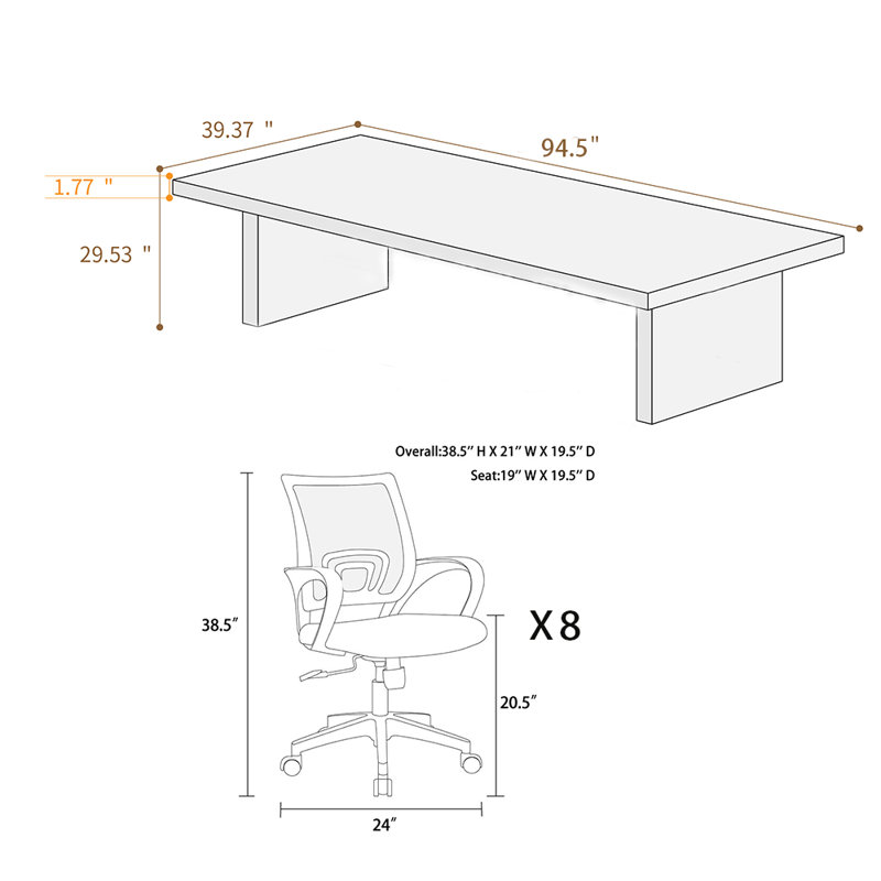 Bureau en bois massif avec 8 chaises de bureau noires, 29.53" H x 94.5" L x 39.37" W