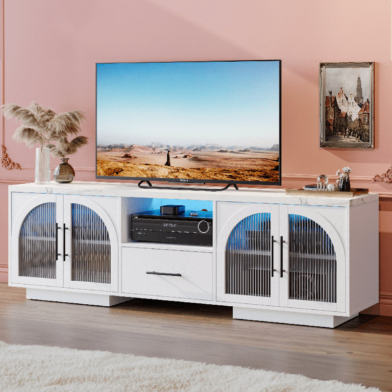 White 70" TV Stand for 80 Inch TVs, Entertainment Center with LED Lights and Arched Glass Doors, Faux Marble Wood Finish, Adjustable Shelves, Modern TV Cabinet for Living Room,