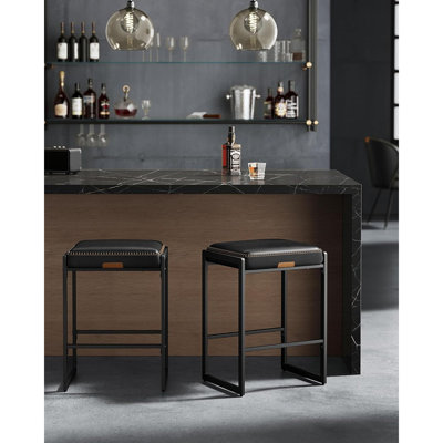 Set Of 2 Mid-Century Modern Counter Bar Stools, Synthetic Leather With Stitching, 26-Inch, Ink Black