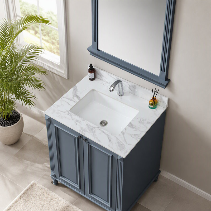 Dessus de meuble-lavabo 43 po x 22 po, comptoir en pierre frittée blanc Carra avec lavabo rectangulaire encastré en céramique avec dosseret de meuble-lavabo et comptoir