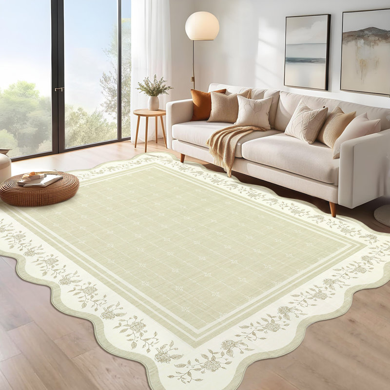 Scalloped Area Rug Large Washable Rugs for Living Room Bedroom Soft Dining Table Carpet Non Shedding Modern Bordered Indoor Carpet for Nursery Playroom Home Decor
