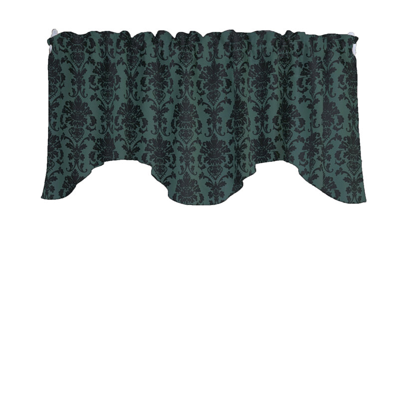 Poplin Damask Floral Scalloped Wave Window Valance 58" Wide, Hunter Green