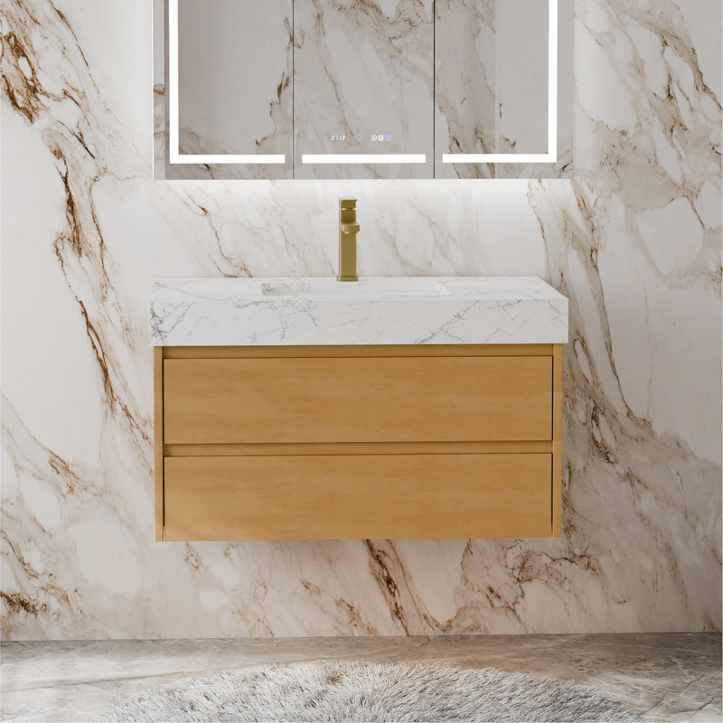 Meuble-lavabo flottant 36 po avec plateau en pierre reconstituée, lavabo en céramique et veilleuse à DEL 36 po, jaune érable