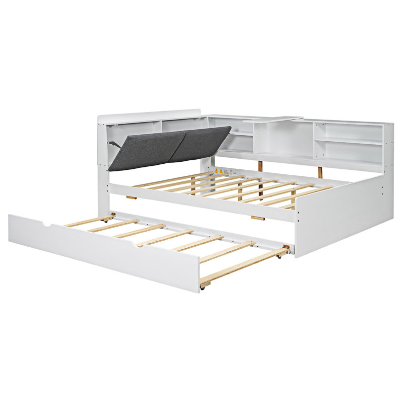 Wood Full Size Platm Bed Frame With Trundle, Shelves And Storage Headboard, White