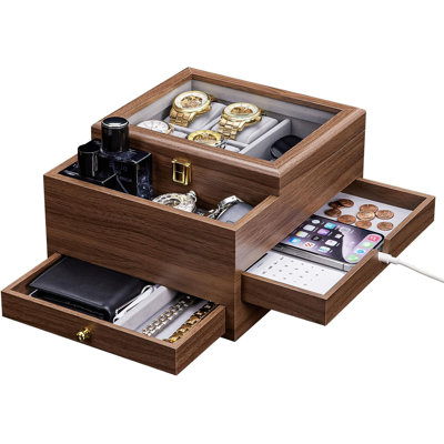 Watch Box For Men Jewelry Organizer With Real Glass Watch Case