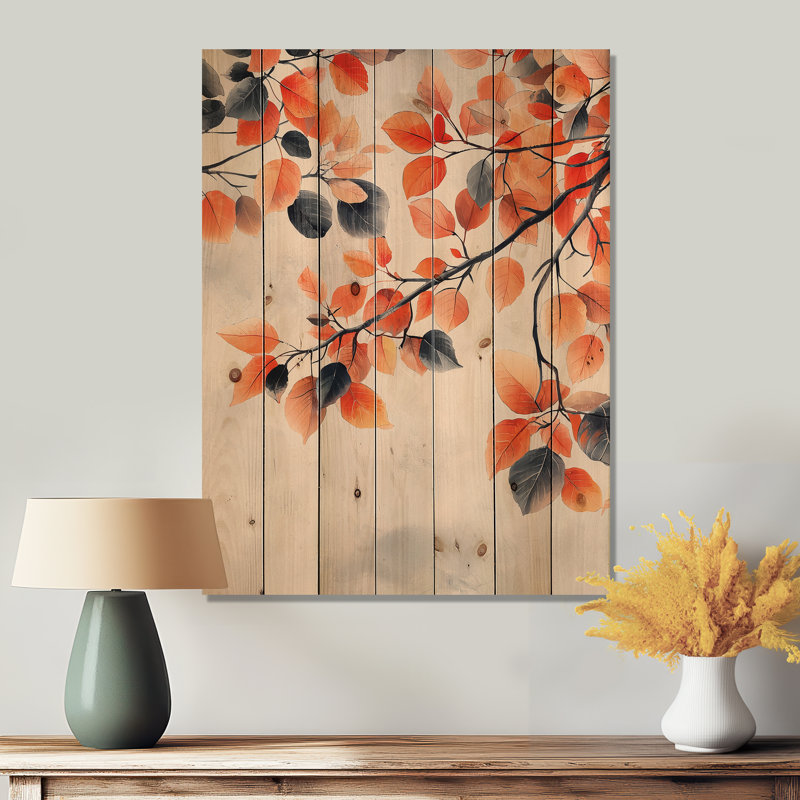 Feuilles d'automne orange II - impression sur bois de feuilles - sur bois de pin naturel, H 44 po x l 34 po x P 0,78 po